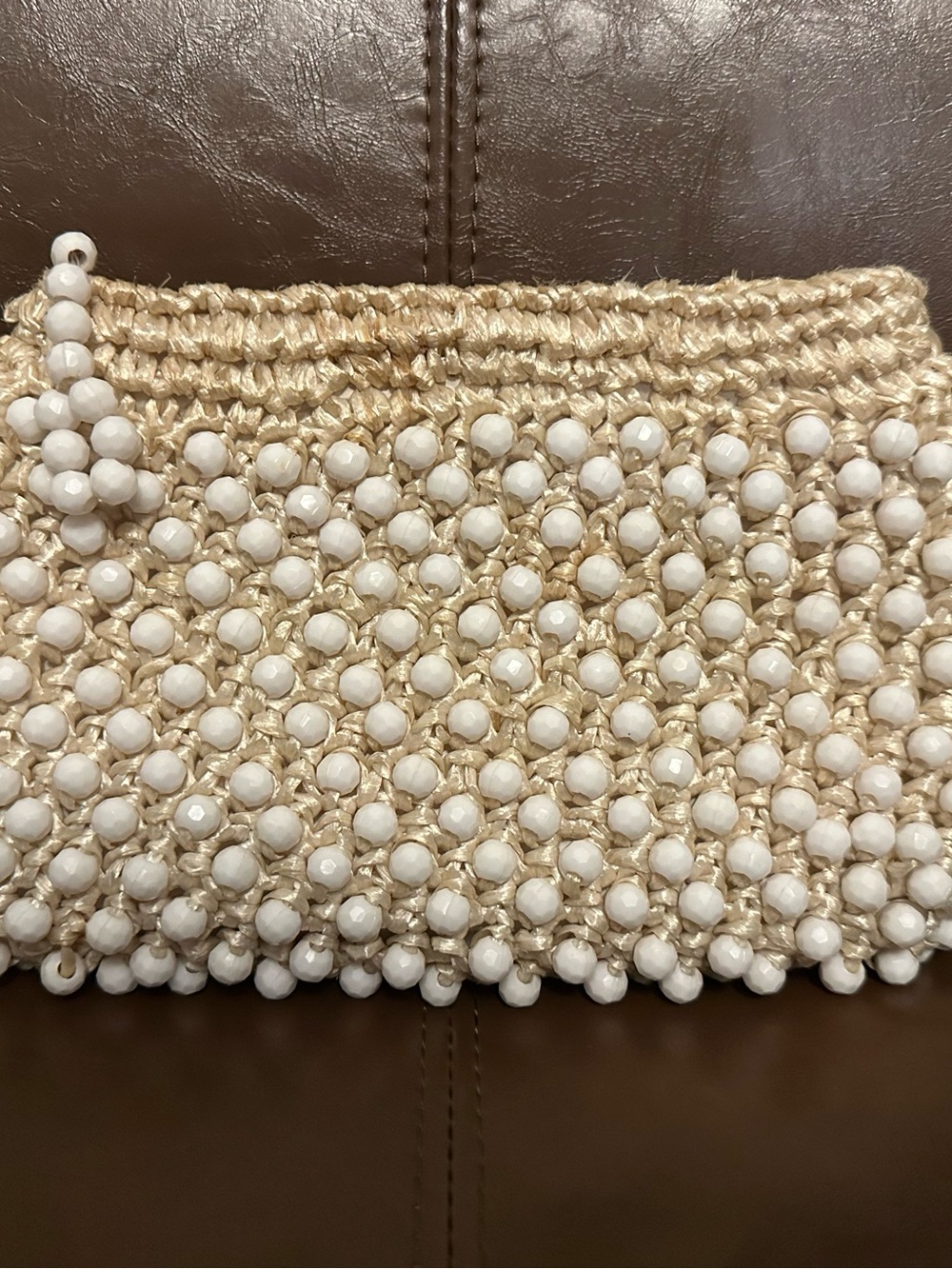 Vintage Cream Woven Beaded Raffia Wristlet Clutch - Picture 4 of 11